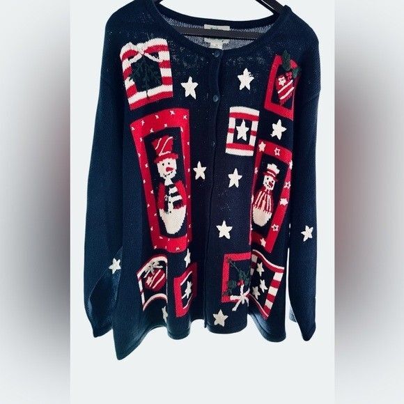 Vintage- Quacker Factory Patriotic Christmas Snowman Festive Knit Cardigan Sz 3X - Picture 13 of 13